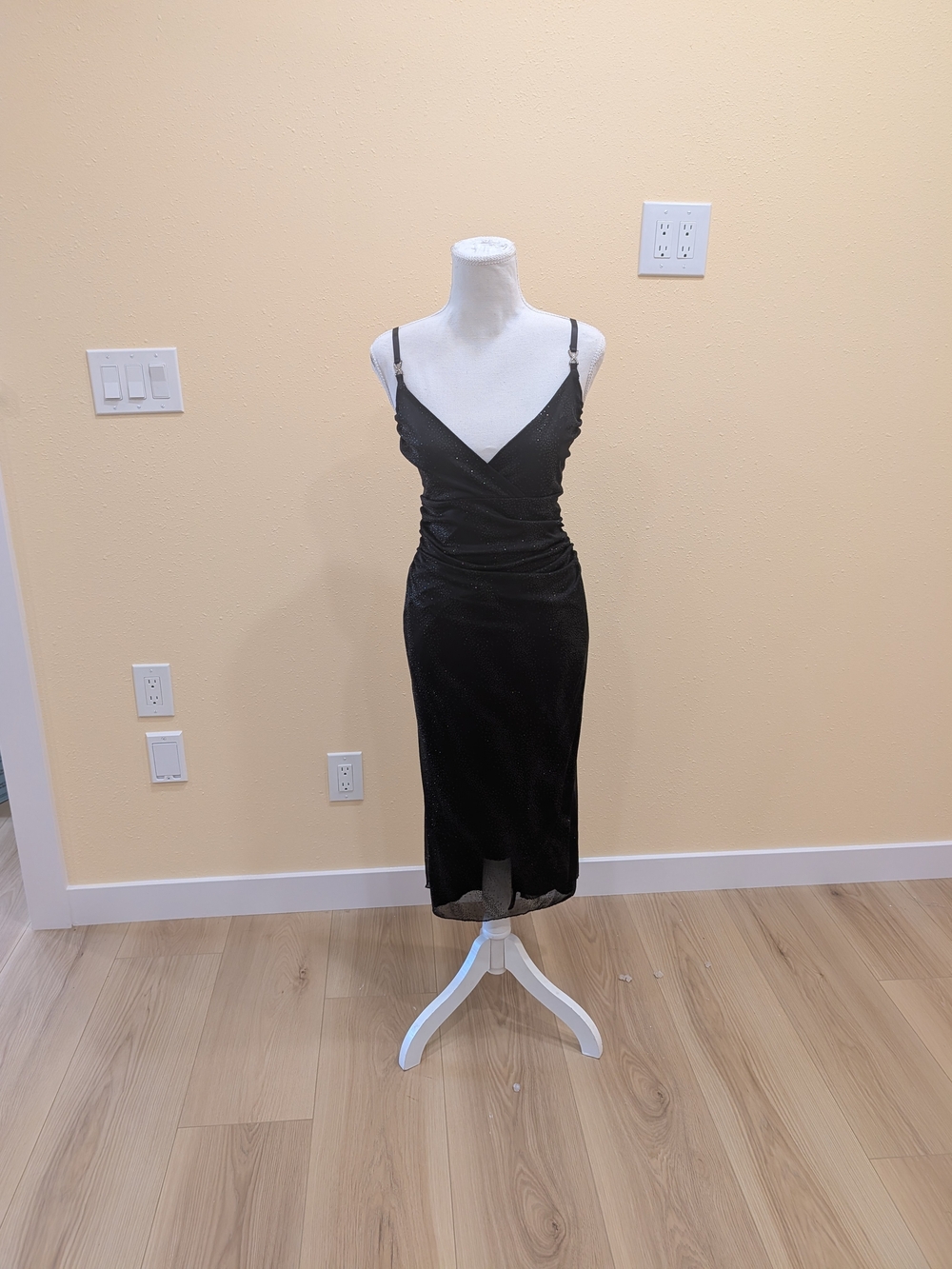Vintage Mariposa Black Glitter Mesh Dress w/ Rhinestone Straps - Size L